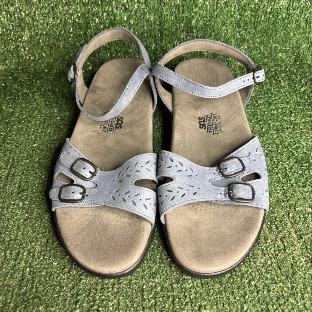 SAS Duo Comfort Laser Cut Buckle Strap Walking Sandals Blue Womens Size 10 M